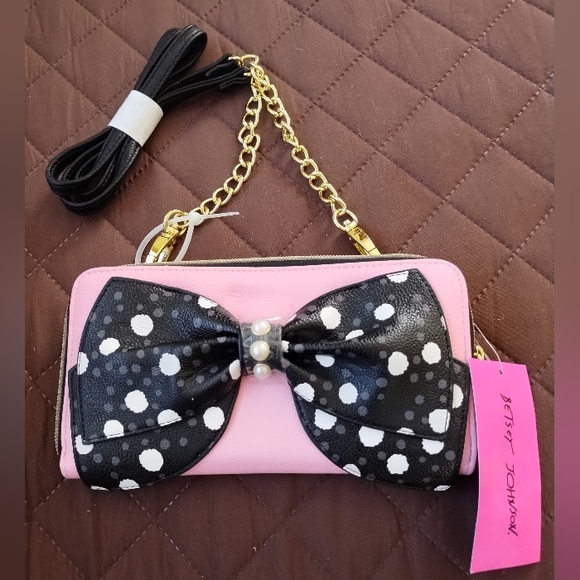 Betsey Johnson Handbags - NWT Betsey Johnson Pink Crossbody Wallet/Clutch Black Polka Dot Bow